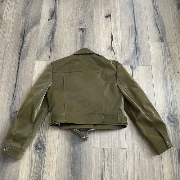 Cinq a Sept Palo Faux Leather Biker Moto Jacket Size Small Olive Green Cropped - Picture 11 of 12